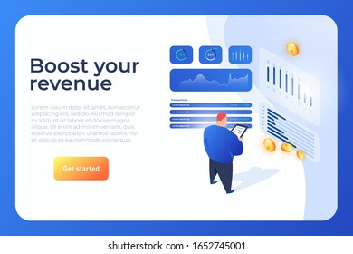 Boost your revenue isometric website header design template.Get started month plan button template.