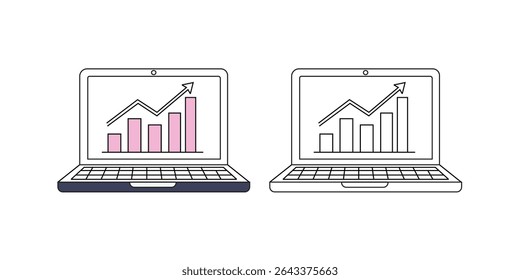 Boost your visuals with this laptop showing an upward trend graph icon. Ideal for business growth, data analysis, financial success, and online marketing concepts.