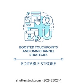 Boosted Touchpoints And Omnichannel Strategies Blue Concept Icon. Multichannel Offer And Adds Abstract Idea Thin Line Illustration. Vector Isolated Outline Color Drawing. Editable Stroke