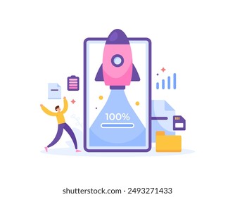 booster app concept. software to boost or improve smartphone performance. junk cleaner and battery optimizer. illustration of a smartphone with a rocket launching. flat style design. graphic elements