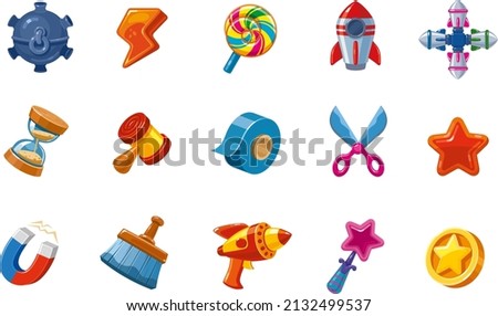 Booster Icons. Asset for computer Mobile Game. Bright vector symbols. Elements of the Game Interface   