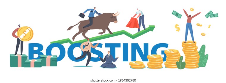 Boosting Concept. People Trading On Bull Stock Market. Brokers Or Traders Characters Analyse Global Fond And Finance For Buying And Selling Bonds Poster, Banner, Flyer. Cartoon Vector Illustration