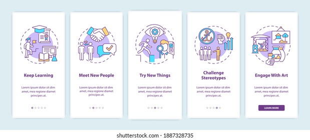 Boosting creative thinking tips onboarding mobile app page screen with concepts. Keep learning walkthrough 5 steps graphic instructions. UI vector template with RGB color illustrations