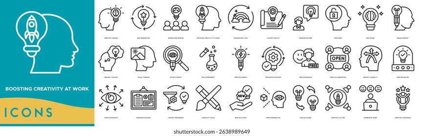 Boosting Creativity at Work icon set. Creative Thinking, Idea Generation, Brainstorm Session, Boosting Creativity at Work, Imagination Flow and Concept Sketch