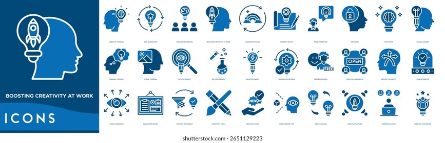 Boosting Creativity at Work icon set. Creative Thinking, Idea Generation, Brainstorm Session, Boosting Creativity at Work, Imagination Flow and Concept Sketch