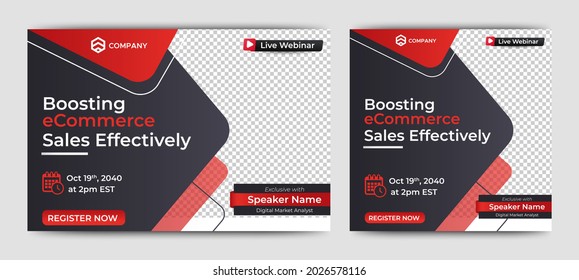 Boosting eCommerce Sales live webinar banner invitation and social media post template. Business webinar invitation design.