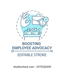 Boosting Employee Advocacy Concept Icon. Company Culture Idea Thin Line Illustration. Clear Policy Setting. Workplace Safety. Vector Isolated Outline RGB Color Drawing. Editable Stroke