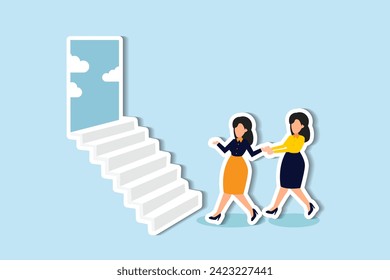 Boosting employees, guiding managers, paving paths to success or new chances, fostering career growth concept, supportive businesswoman manager encourage employee to step on stair to success.