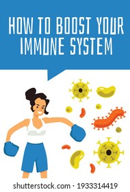 Boosting immune system banner or poster template with woman in box gloves fighting with viruses, flat vector illustration. Immune strengthening and healthy lifestyle.