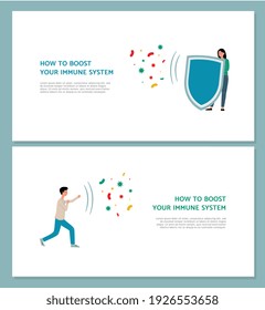 Boosting immune system and staying healthy concept of banners, flat vector illustration on white background. Medical flyers set on diseases prevention topic.