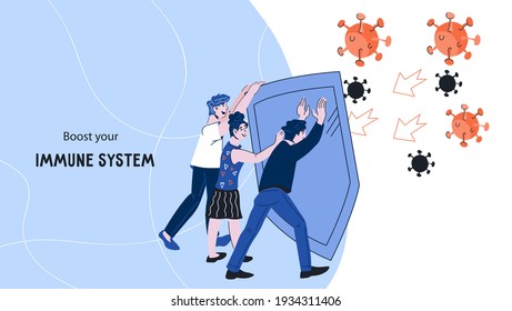 Boosting immune system web banner concept with people protecting themselves from viruses and disease-causing bacteria. Immune system protection strength, flat vector illustration.