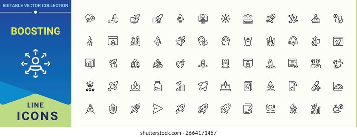 Boosting line icon set. Icons for UI design. Marketing icon collection. Contains such icons as marketing, promotion, advertising, brand promotion, special deals, sales promotion and more.