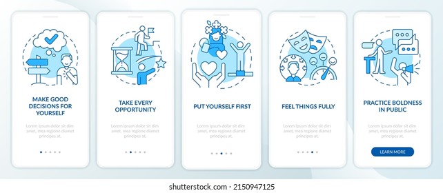 Boosting mental health and wellbeing blue onboarding mobile app screen. Walkthrough 5 steps graphic instructions pages with linear concepts. UI, UX, GUI template. Myriad Pro-Bold, Regular fonts used