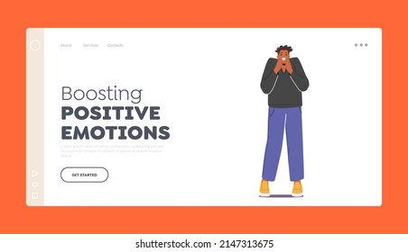 Boosting Positive Emotions Landing Page Template. Joyous African Man Crying of Laughter with Closed Eyes, Young Male Character Laughing at Funny Joke. Cartoon People Vector Illustration