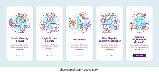 Boosting problem solving skills tips onboarding mobile app page screen with concepts. Mind exercise walkthrough 5 step graphic instructions. UI, UX, GUI vector template with linear color illustrations
