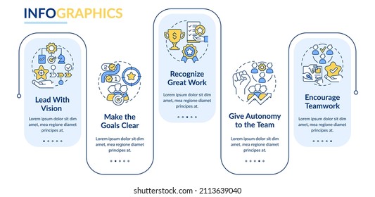 Boosting worker motivation rectangle infographic template. Autonomous team. Data visualization with 5 steps. Process timeline info chart. Workflow layout with line icons. Lato-Bold, Regular fonts used