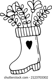 A boot with a bouquet. Black and white illustration in the doodle style.