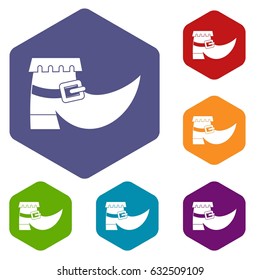 Boot with buckle icons set hexagon isolated vector illustration