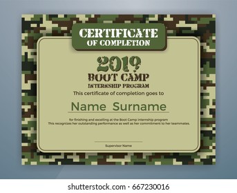 Boot Camp Internship Program Certificate Template Design With Camouflage Background For Print. Vector Illustration