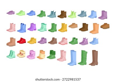 Conjunto de pares de colores de arranque. Chelsea trabajo senderismo pato vaquero, combate punta de acero del desierto chukka plataforma, estilos logger para hombres y mujeres unisex. Gráfico de Vector estacional al aire libre y calzado y proyectos de moda