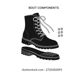 Componentes de inicialização com sola de renda peças de couro de ilhó detalhes da moda do sapato ilustração vetor no estilo de desenho para designs elegantes.