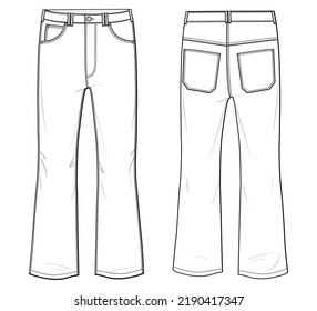 boot cut jeans flat sketch vector illustration womens flare pants technical drawing front and back view apparel template. cad mockup.