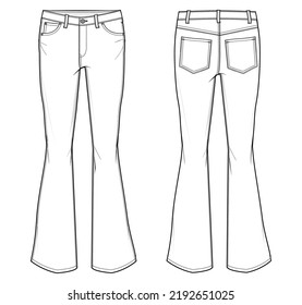 Pants bell-bottom technical fashion illustration with normal waist, high  rise, slant pockets, wide legs. Flat bottom trousers apparel template  front, back, white color. Women, men, unisex CAD mockup Stock Vector