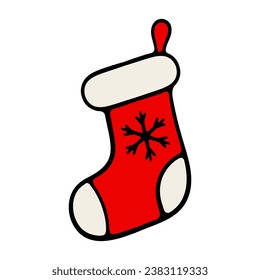 Boot for the fireplace. Gift sock, snowflake. Decoration, decorate, christmas, new year, eve, december 25, winter, holiday atmosphere, celebrate, family celebration, traditions. Colorful icon