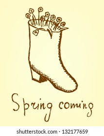 Boot flower pot. Vector illustration spring coming.