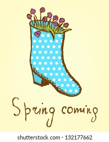 Boot flower pot. Vector illustration spring coming.