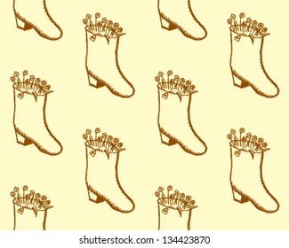 Boot flower pot. Vector sketch seamless pattern