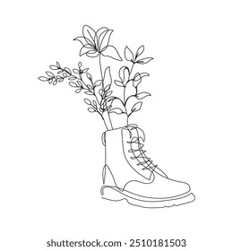 Boot with Flowers Line Art Vector Illustration. Sketch Black Silhouette of Floral Boot on White Background. Simple Linear Illustration for Boho Design