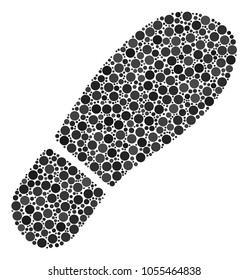 Boot Footprint collage of dots in different sizes and color tinges. Circle elements are organized into boot footprint vector illustration. Vector design concept.