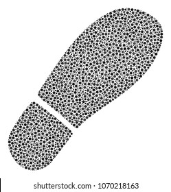 Boot Footprint composition of circle dots in different sizes and color hues. Circle dots are composed into boot footprint vector illustration. Dotted vector illustration.