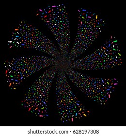 Boot Footprint fireworks swirl rotation. Vector illustration style is flat bright multicolored iconic symbols on a black background. Object whirl created from random symbols.