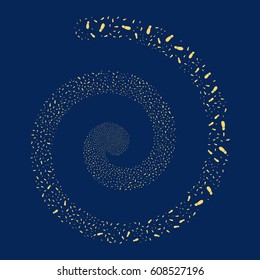 Boot Footprint fireworks whirlpool spiral. Vector illustration style is flat yellow scattered symbols. Object helix organized from scattered icons.