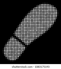 Boot footprint halftone vector icon. Illustration style is dotted iconic boot footprint symbol on a black background. Halftone matrix is created from circle blots.