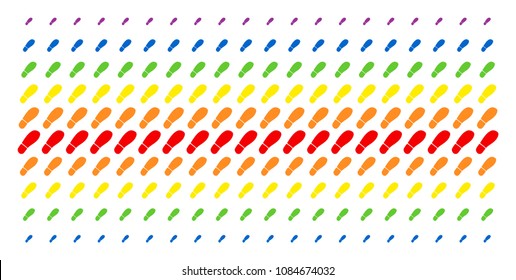 Boot Footprint icon rainbow colored halftone pattern. Vector symbols organized into halftone matrix with vertical spectrum gradient. Constructed for backgrounds, covers,