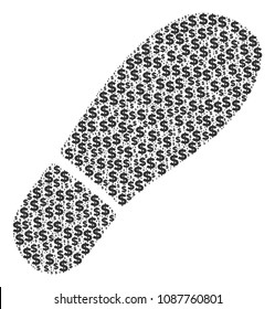 Boot footprint mosaic of dollars and sphere dots. Vector dollar currency symbols are composed into boot footprint mosaic.