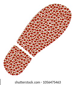 Boot Footprint mosaic of tomato. Vector tomato vegetable objects are composed into boot footprint shape. Organic vector illustration.