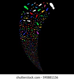 Boot Footprint random fireworks stream. Vector illustration style is flat bright multicolored iconic symbols on a black background. Object fountain constructed from scattered icons.