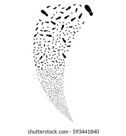Boot Footprint random fireworks stream. Vector illustration style is flat black iconic symbols on a white background. Object fountain constructed from scattered symbols.