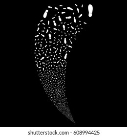 Boot Footprint random fireworks stream. Vector illustration style is flat white iconic symbols on a black background. Object fountain organized from scattered design elements.