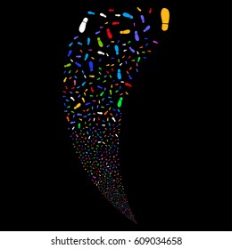 Boot Footprint random fireworks stream. Vector illustration style is flat bright multicolored iconic symbols on a black background. Object fountain made from scattered design elements.