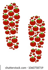 Boot Footprints collage of tomatoes in different sizes. Vector tomato vegetable items are composed into boot footprints collage. Vegetarian vector illustration.