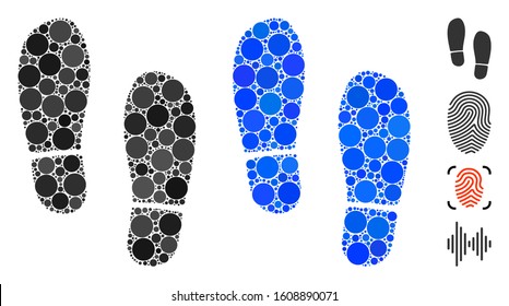 Boot footprints composition of circle elements in different sizes and color hues, based on boot footprints icon. Vector circle elements are united into blue composition.