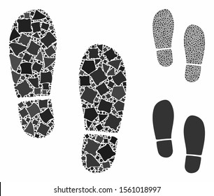 Boot footprints composition of uneven pieces in different sizes and color tinges, based on boot footprints icon. Vector rugged dots are grouped into composition.