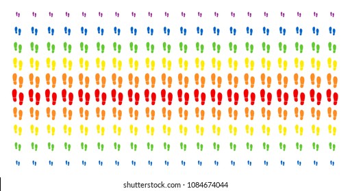 Boot Footprints icon spectral halftone pattern. Vector symbols arranged into halftone matrix with vertical rainbow colors gradient. Constructed for backgrounds, covers,