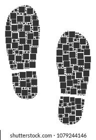 Boot Footprints mosaic icon of squares and spheric dots in variable sizes. Vector items are combined into boot footprints collage design concept.