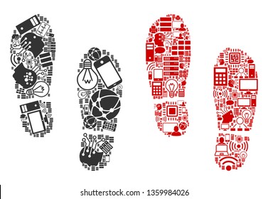 Boot Footprints mosaic icons constructed for bigdata illustrations. Vector boot footprints mosaics are combined from computer, calculator, connections, wi-fi, network icons into abstract compositions.